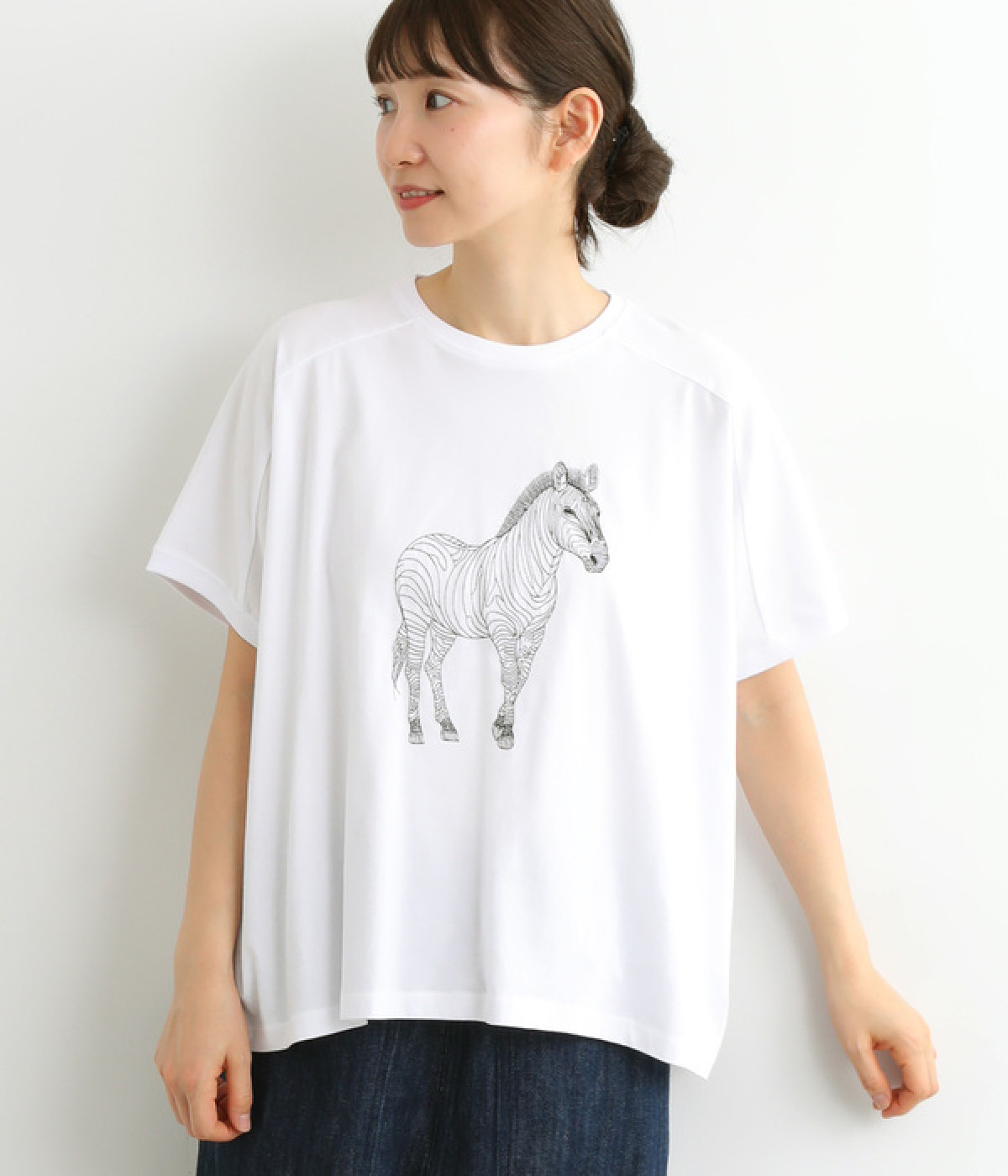コットン天竺刺繍変形ワイドＴシャツ　しまうま(ホワイト-ONESIZE)