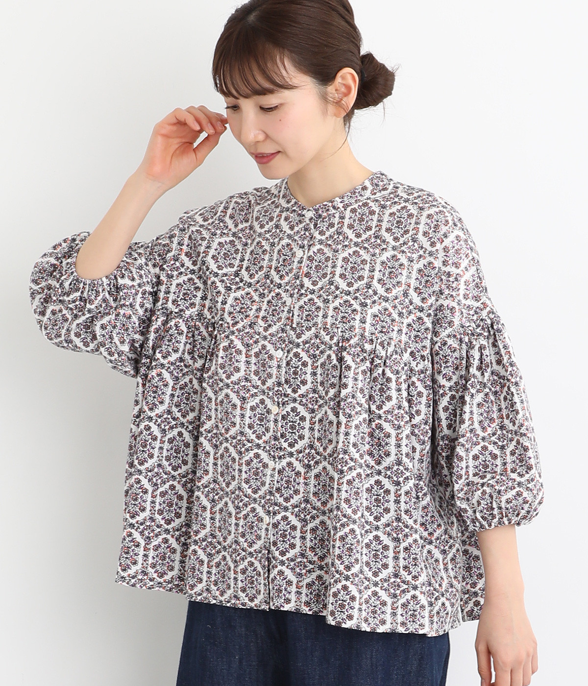 コットンモダールギャザーシャツ6分袖(ピンク-ONESIZE)