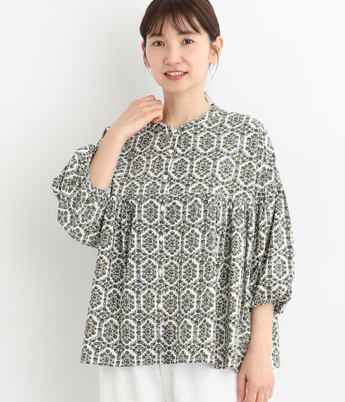コットンモダールギャザーシャツ6分袖(イエロー-ONESIZE)