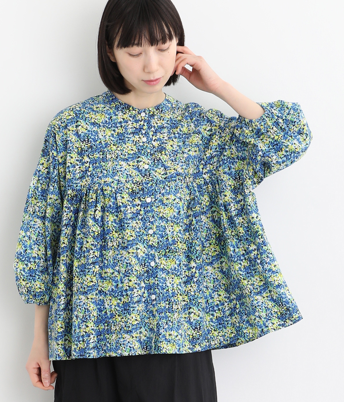 コットンモダール花柄プリントギャザーシャツ6分袖(ブルー-ONESIZE)