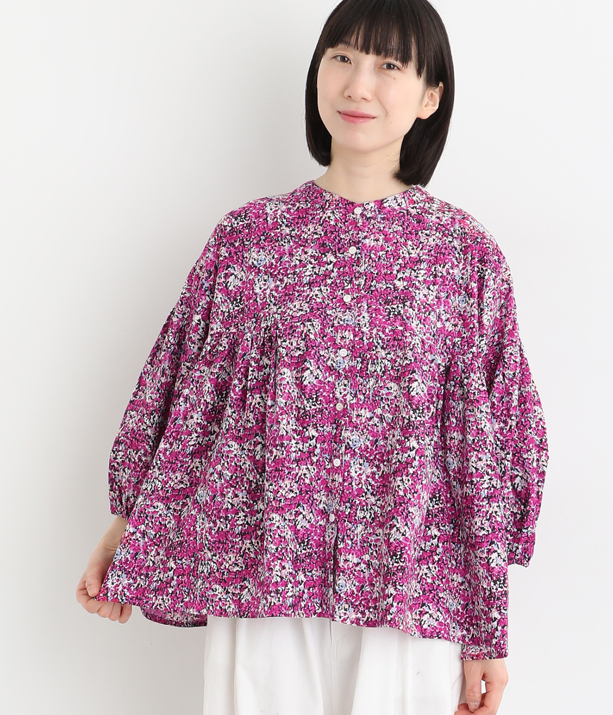 コットンモダール花柄プリントギャザーシャツ6分袖(ピンク-ONESIZE)