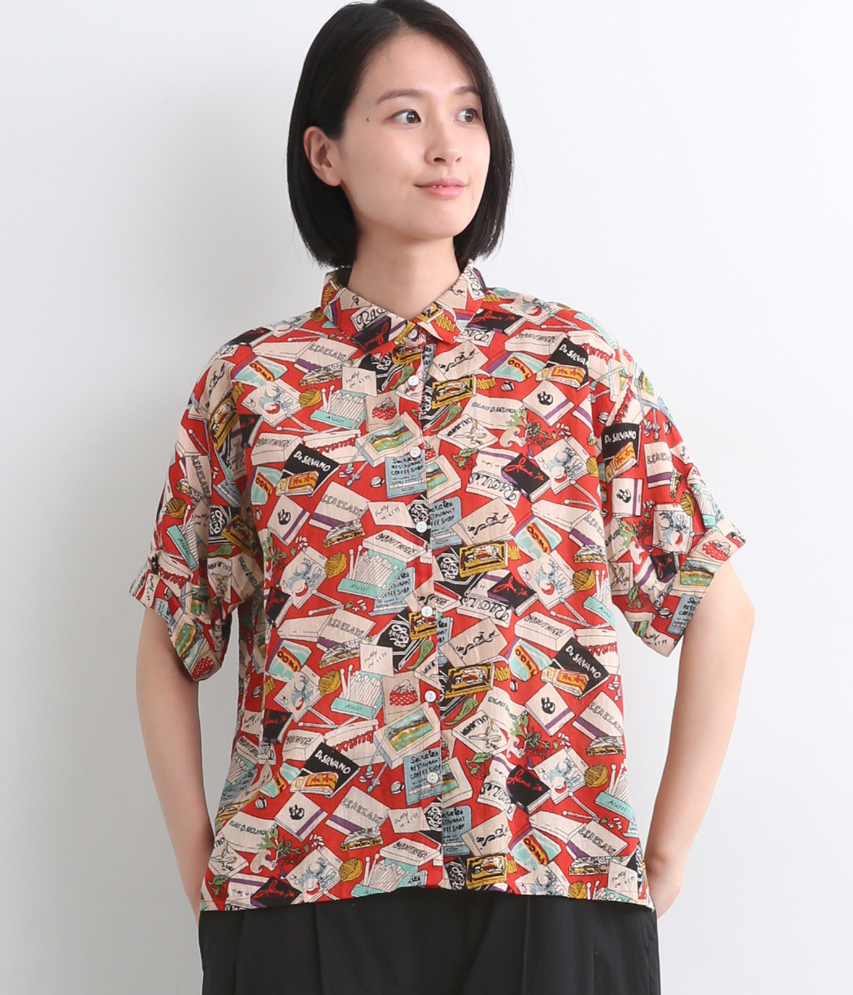 コットンリネンプリント半袖シャツ(レッド-ONESIZE)