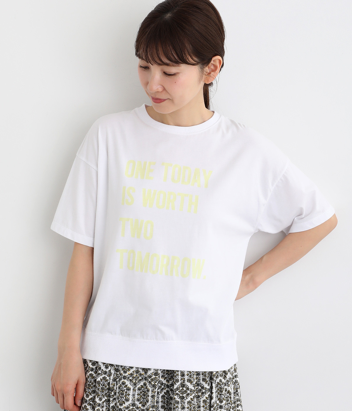良質天竺5分袖リブロゴプリントＴシャツ　ONETODAY(ホワイト-ONESIZE)