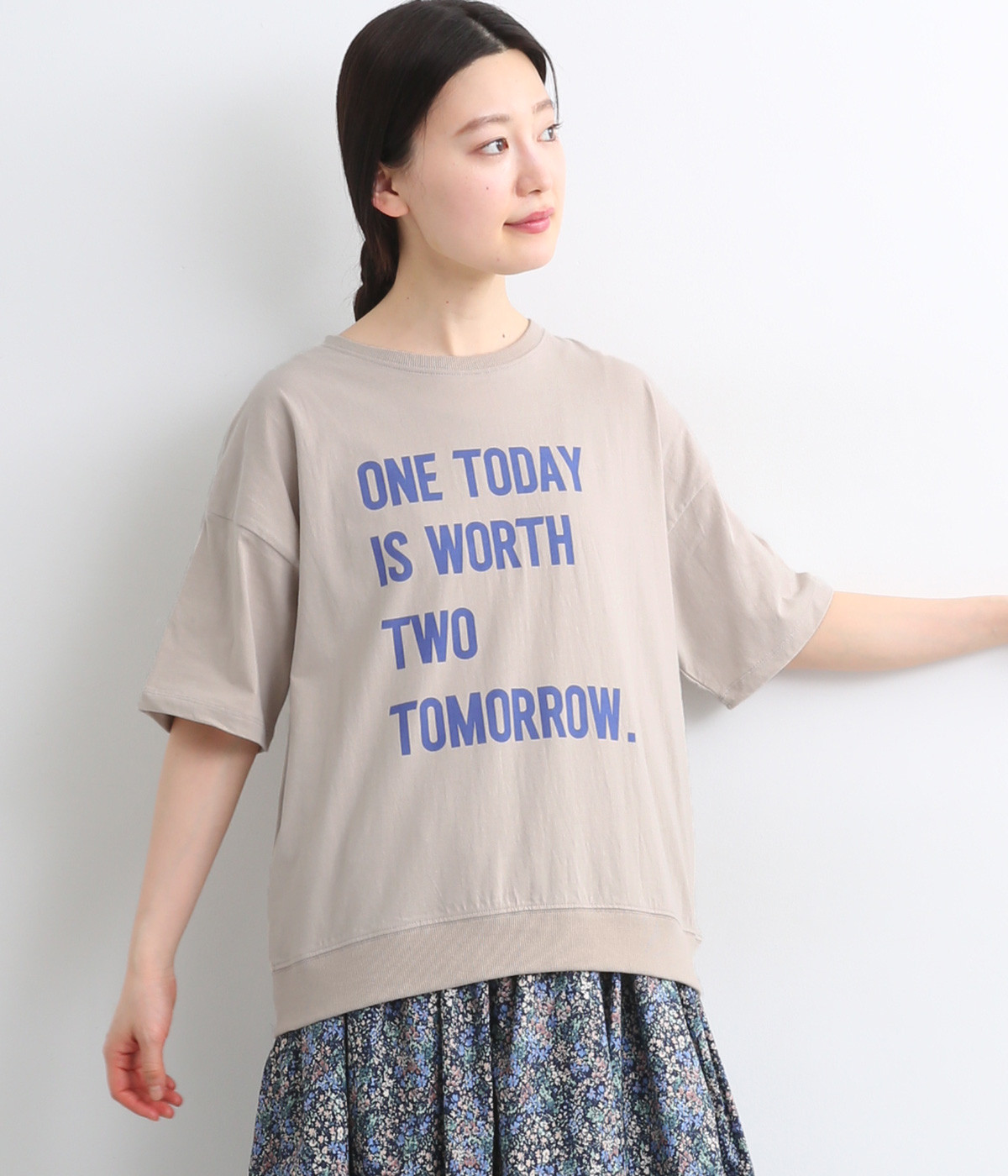 良質天竺5分袖リブロゴプリントＴシャツ　ONETODAY(グレー-ONESIZE)