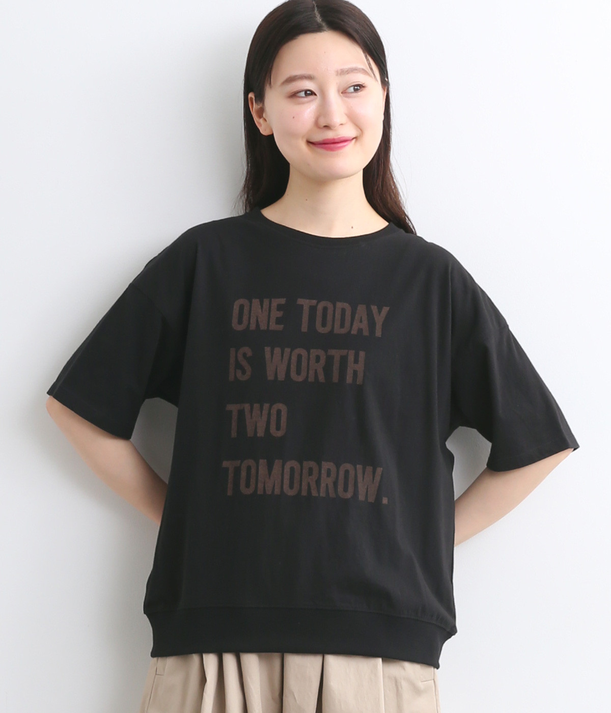 良質天竺5分袖リブロゴプリントＴシャツ　ONETODAY(ブラック-ONESIZE)