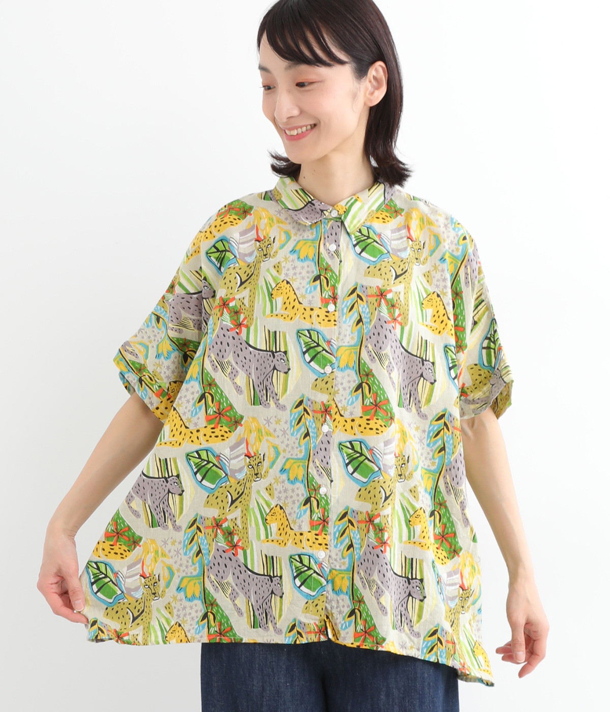コットンリネンサファリプリントワイドシャツ(グレージュ-ONESIZE)