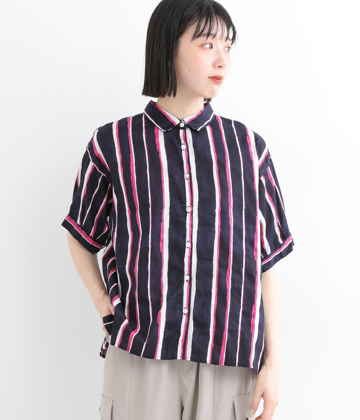 コードコットンストライププリント半袖シャツ(ブラック-ONESIZE)