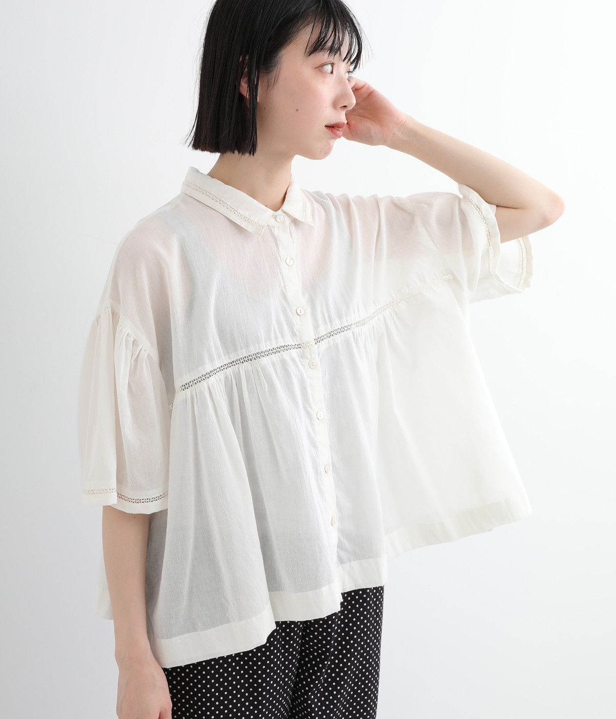 ボイルレース5分袖シャツ(ホワイト-ONESIZE)