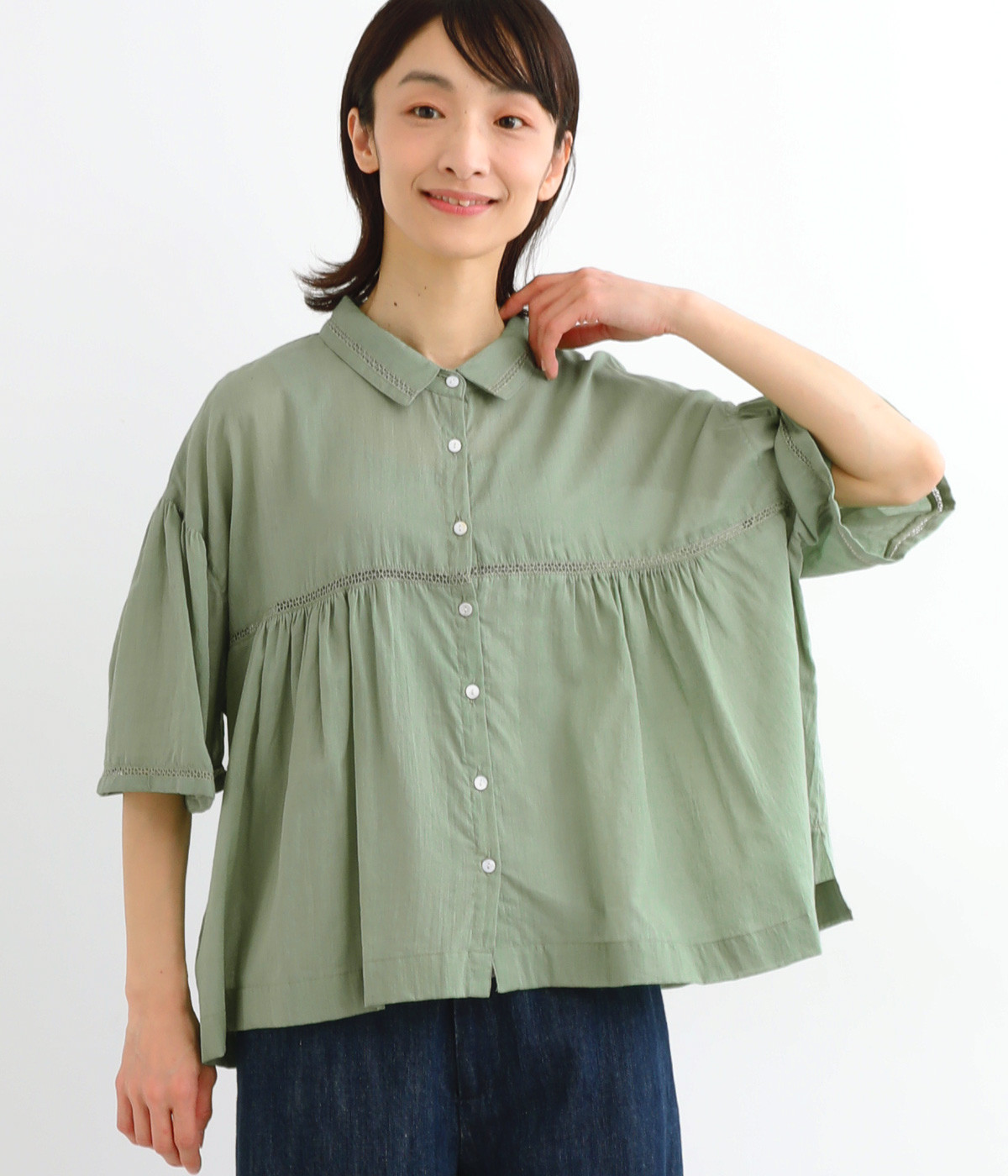 ボイルレース5分袖シャツ(カーキ-ONESIZE)
