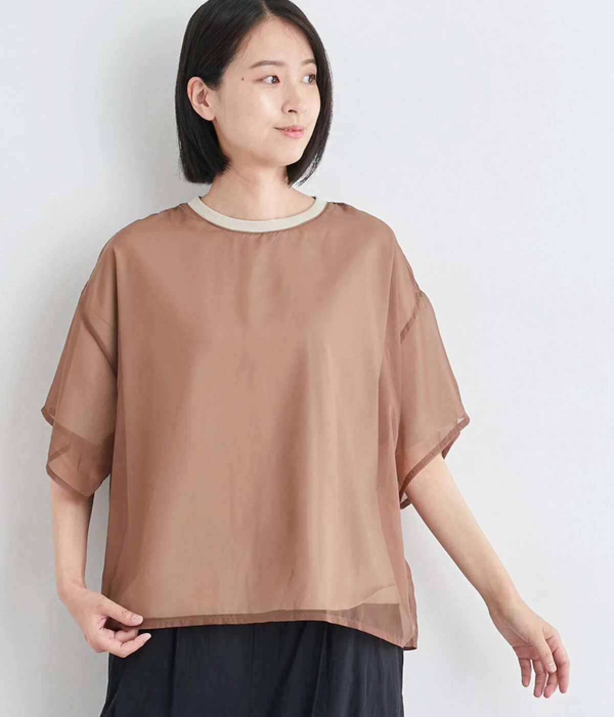 天竺チュール無地2枚重ねTシャツ(グレー×ブラウン-ONESIZE)