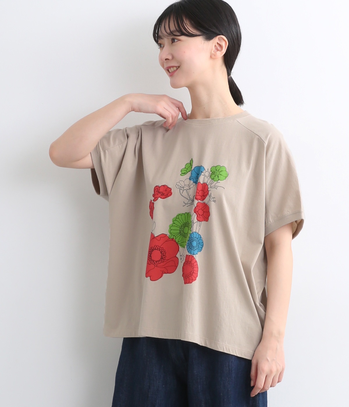 良質天竺変形ワイド花柄プリントTシャツ(グレー-ONESIZE)