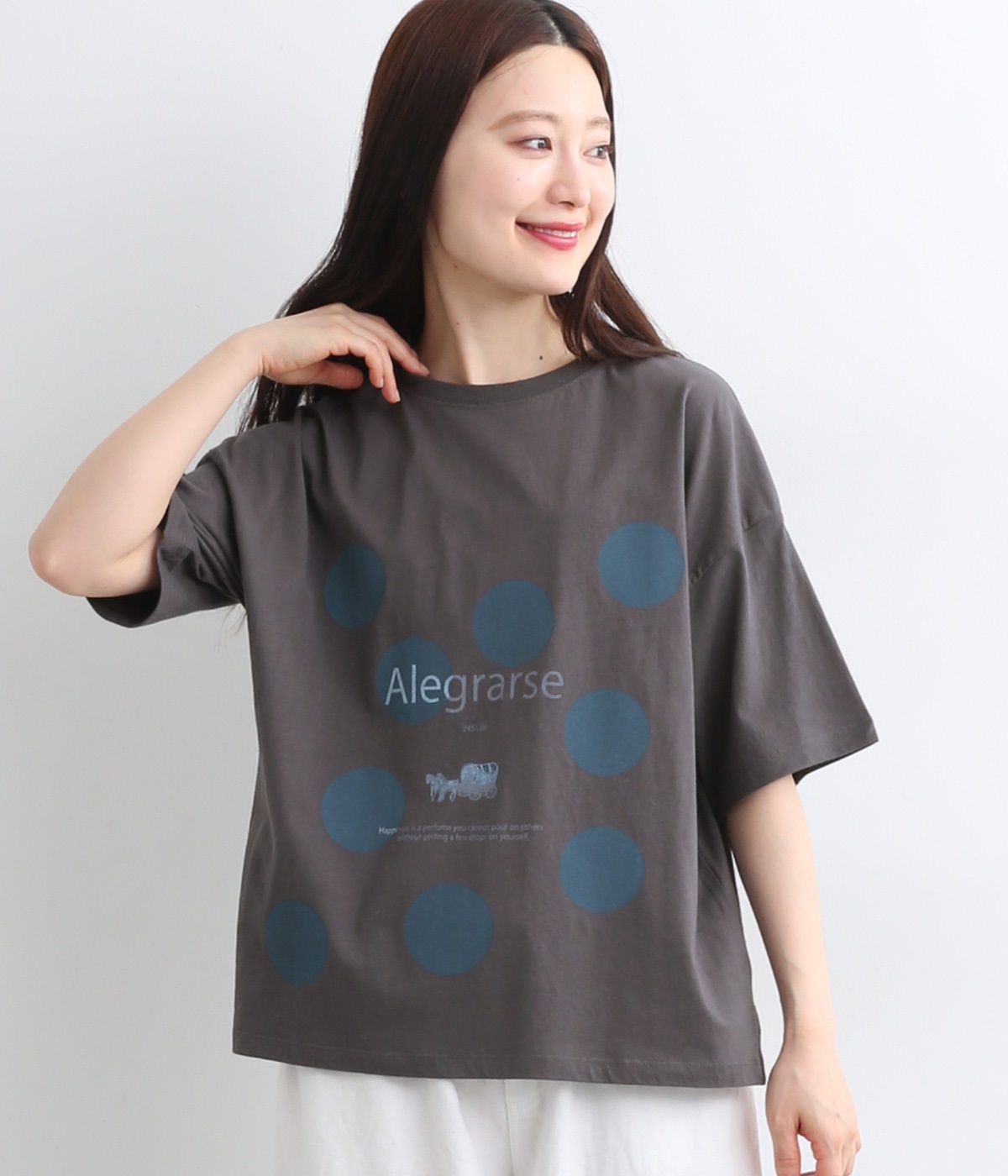 良質天竺ドットプリント6分袖Tシャツ(チャコール-ONESIZE)