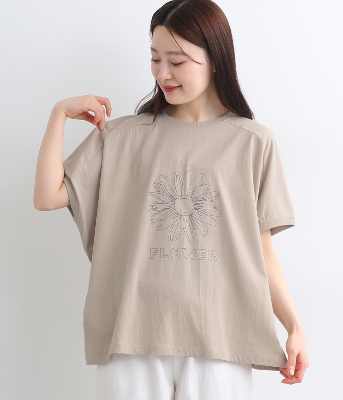 良質天竺刺繍花柄ワイドTシャツ(グレー-ONESIZE)