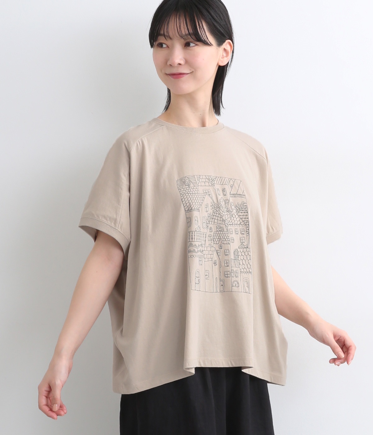 良質天竺刺繍街ワイドTシャツ(グレー-ONESIZE)