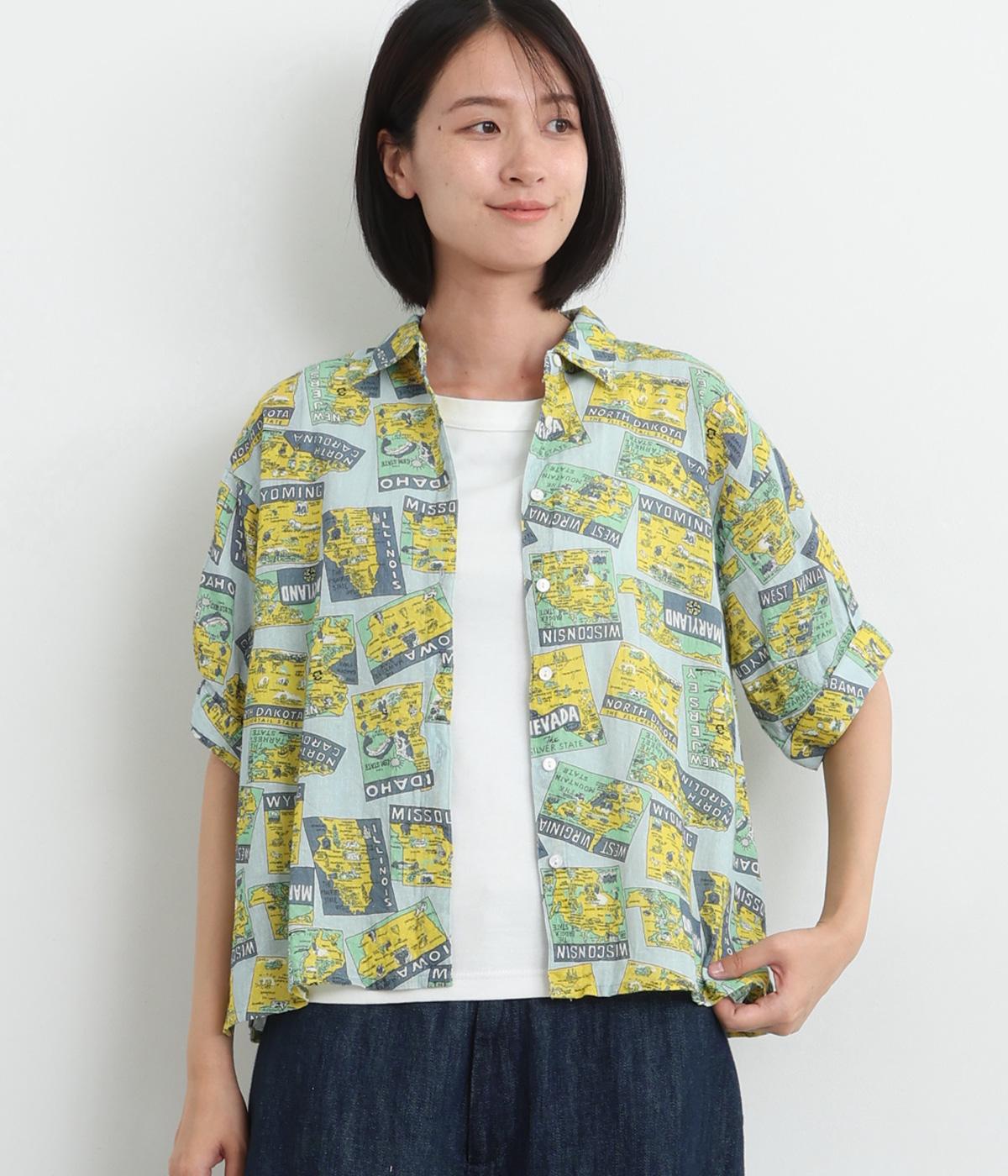 コットンリネンアロハプリント5分袖シャツ(サックス-ONESIZE)
