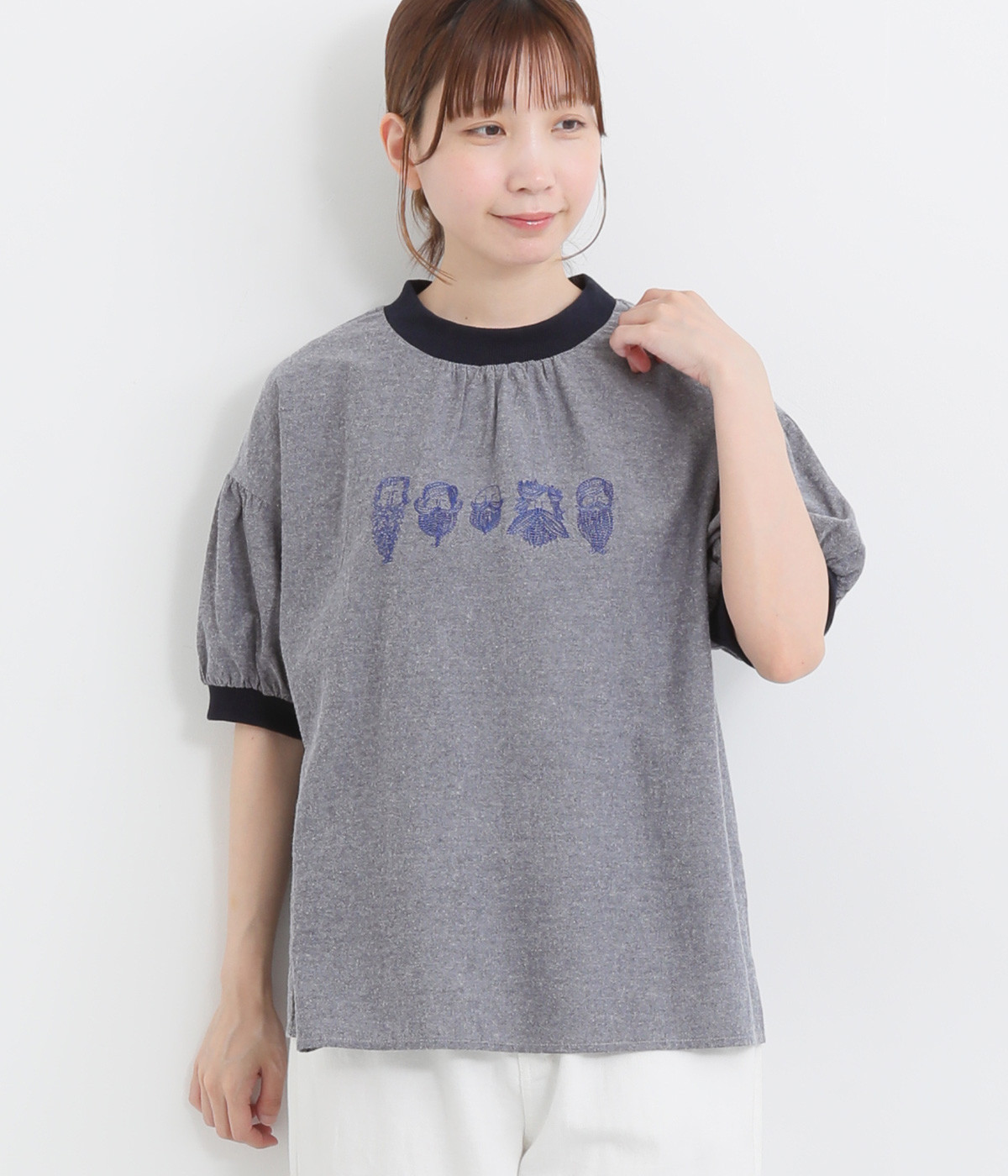 シャリシャリオックスリブクルー刺繍Ｔシャツ(ネイビー-ONESIZE)