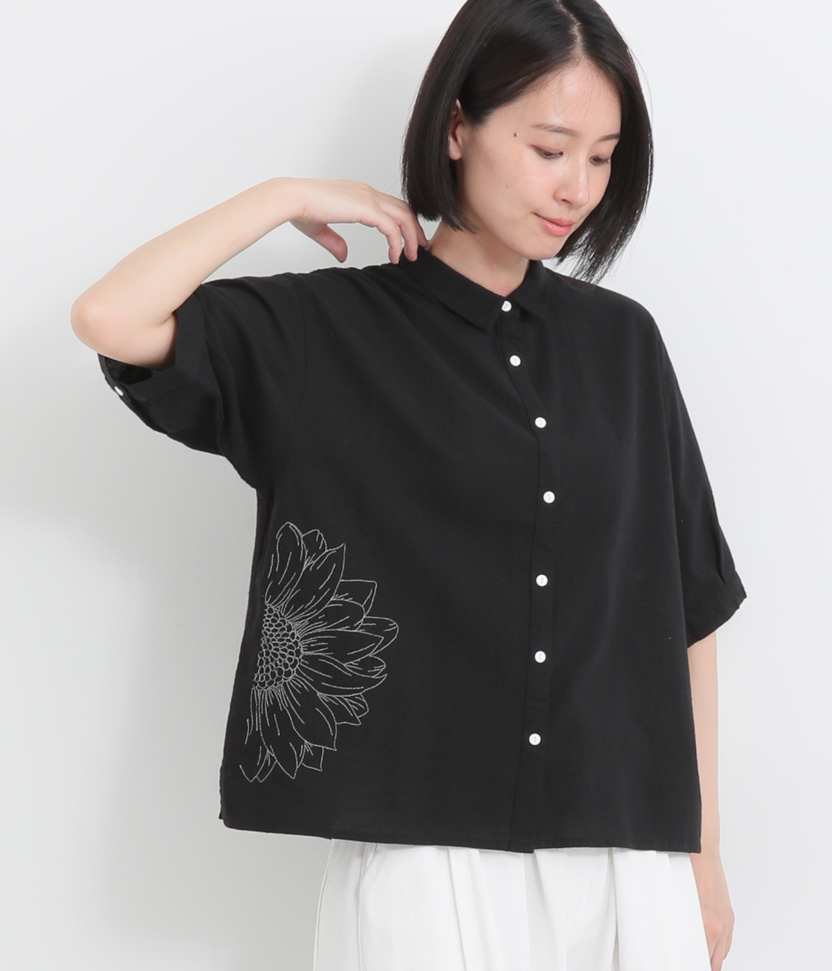 シャリシャリオックス刺繍半袖シャツ(ブラック-ONESIZE)