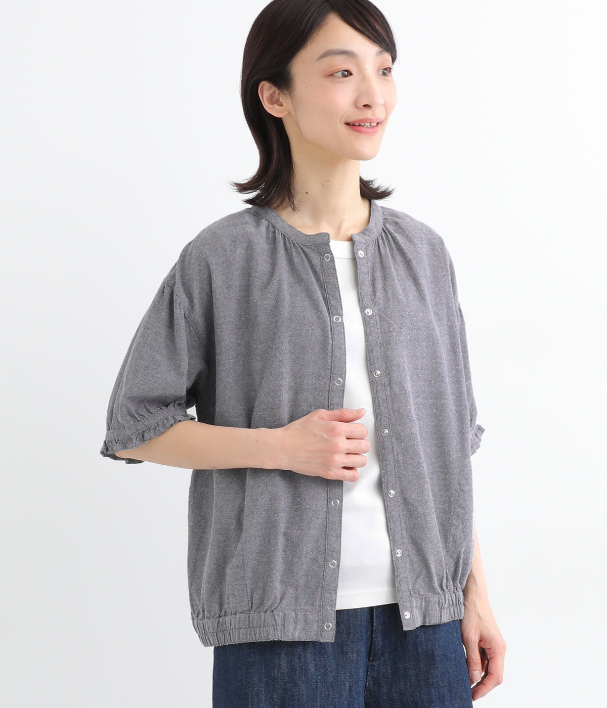 シャリシャリオックスフリルカーディガン5分袖(ネイビー-ONESIZE)