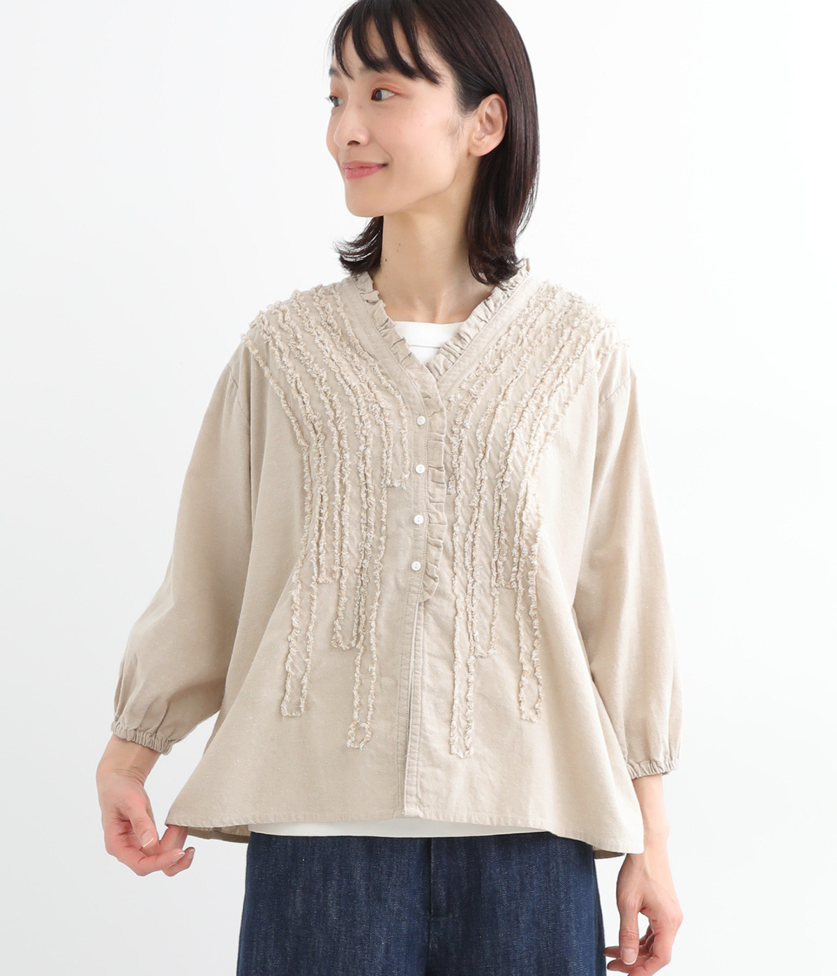 シャリシャリオックスフリンジ７分袖カーディガン(ベージュ-ONESIZE)