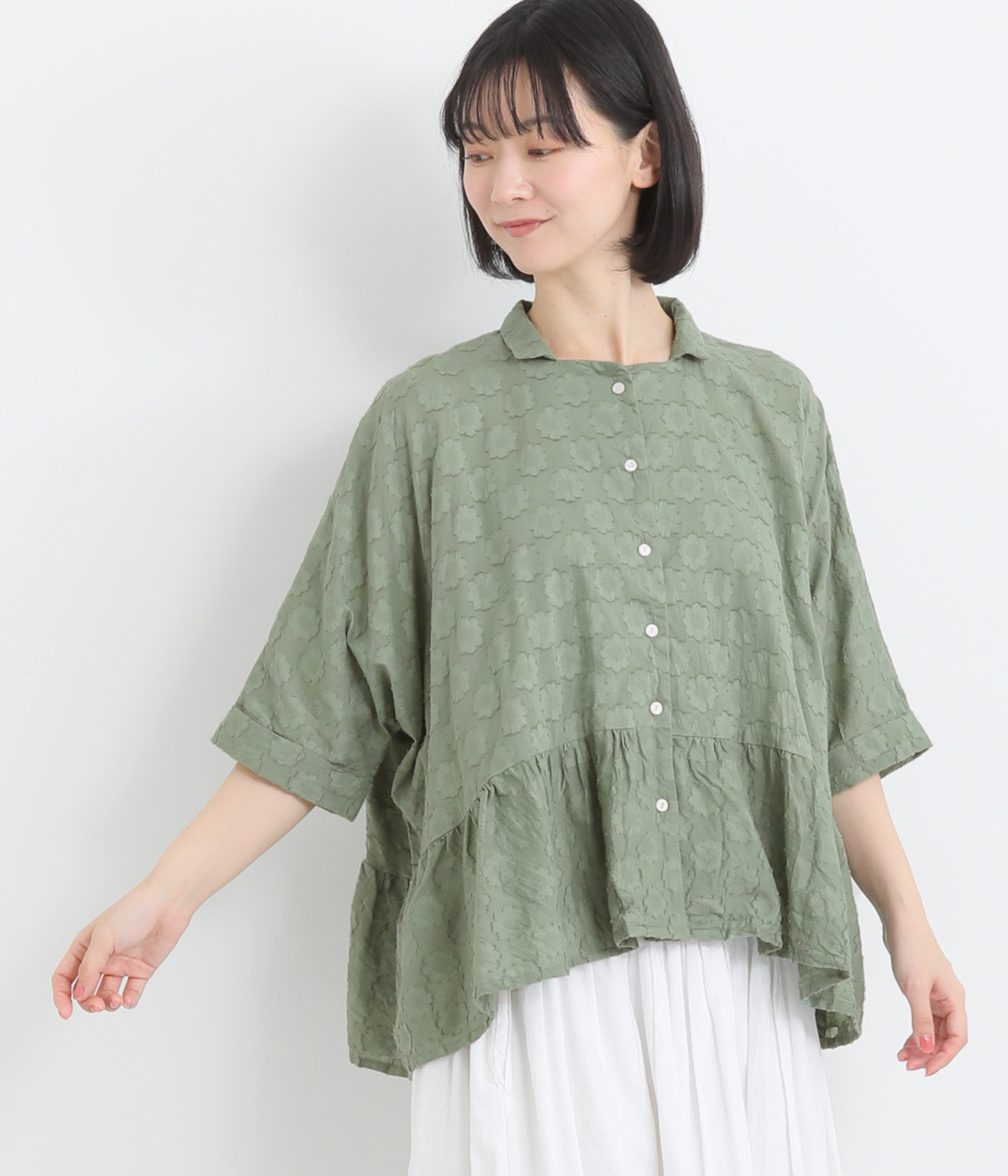 コットン花柄ドビーギャザーシャツ(カーキ-ONESIZE)