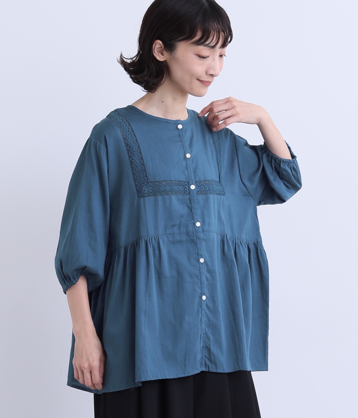コードコットンレースプルオーバー(ブルー-ONESIZE)