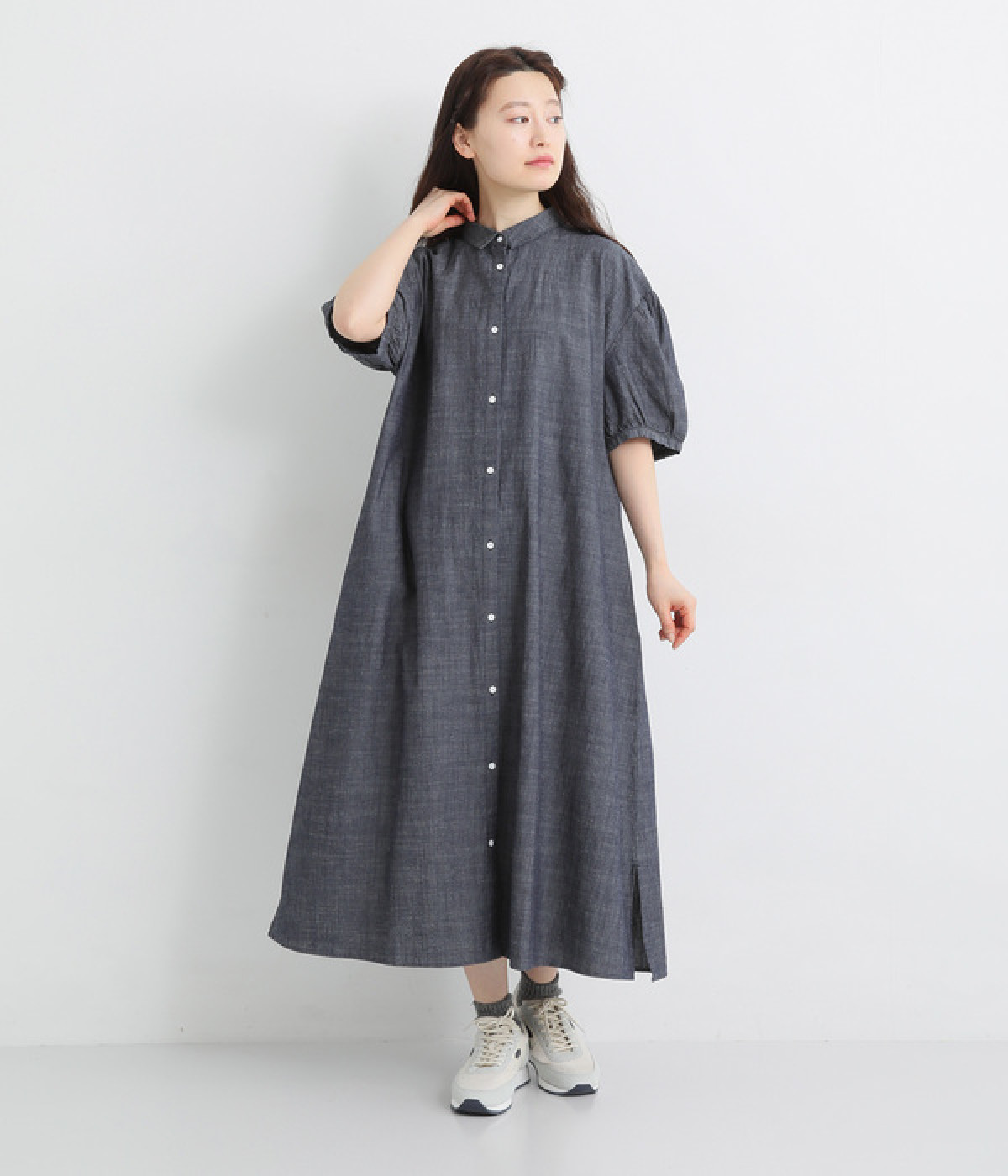 コットンリネンダンガリーパフスリーブワンピース(ネイビー-ONESIZE)