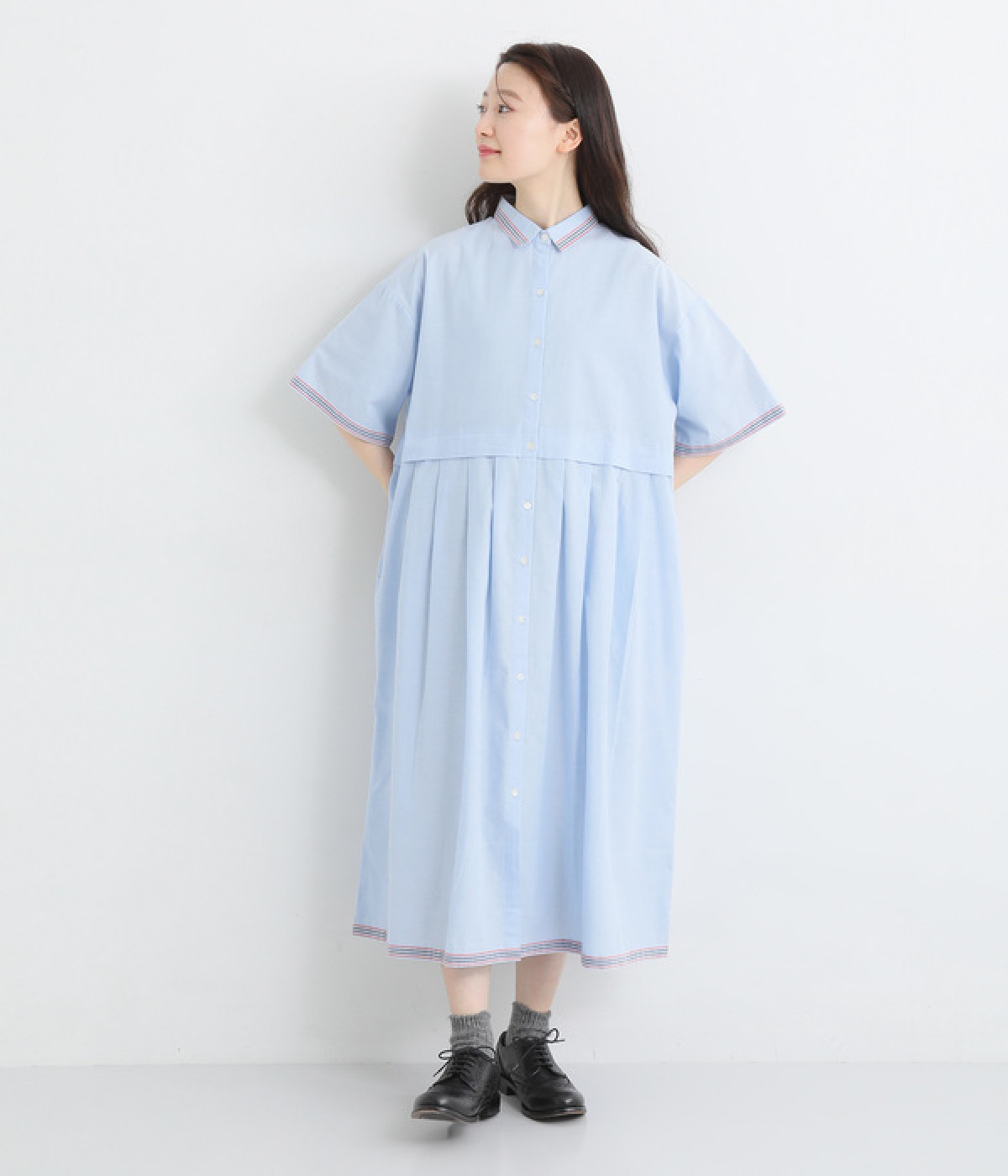 コットンセルビッチシャンブレー切替ワンピース(ブルー-ONESIZE)