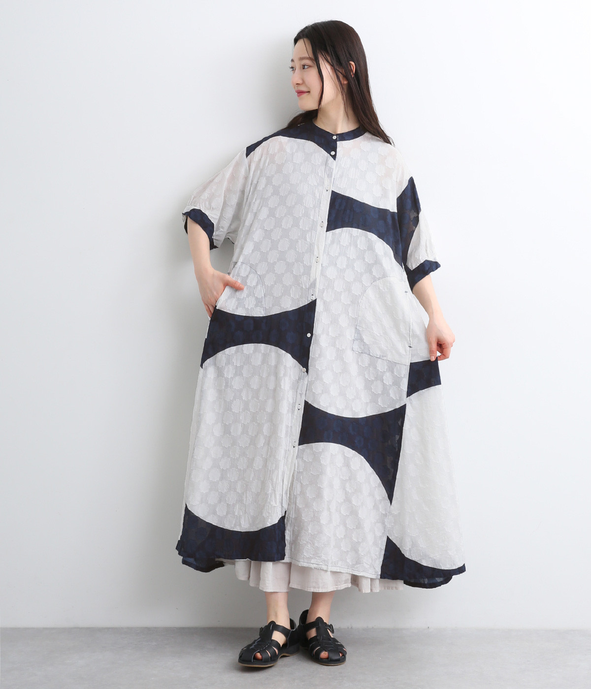コットンドビー大柄ドット切替ワンピース(ネイビー-ONESIZE)