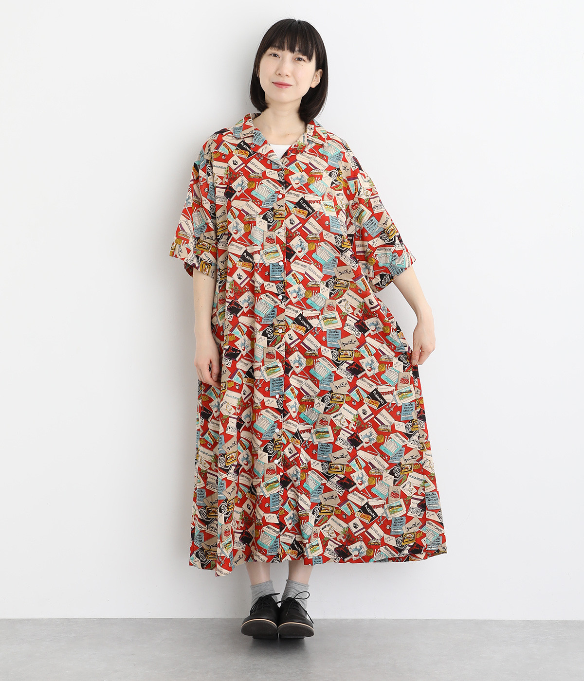 コットンリネンプリント開襟ワンピース(レッド-ONESIZE)