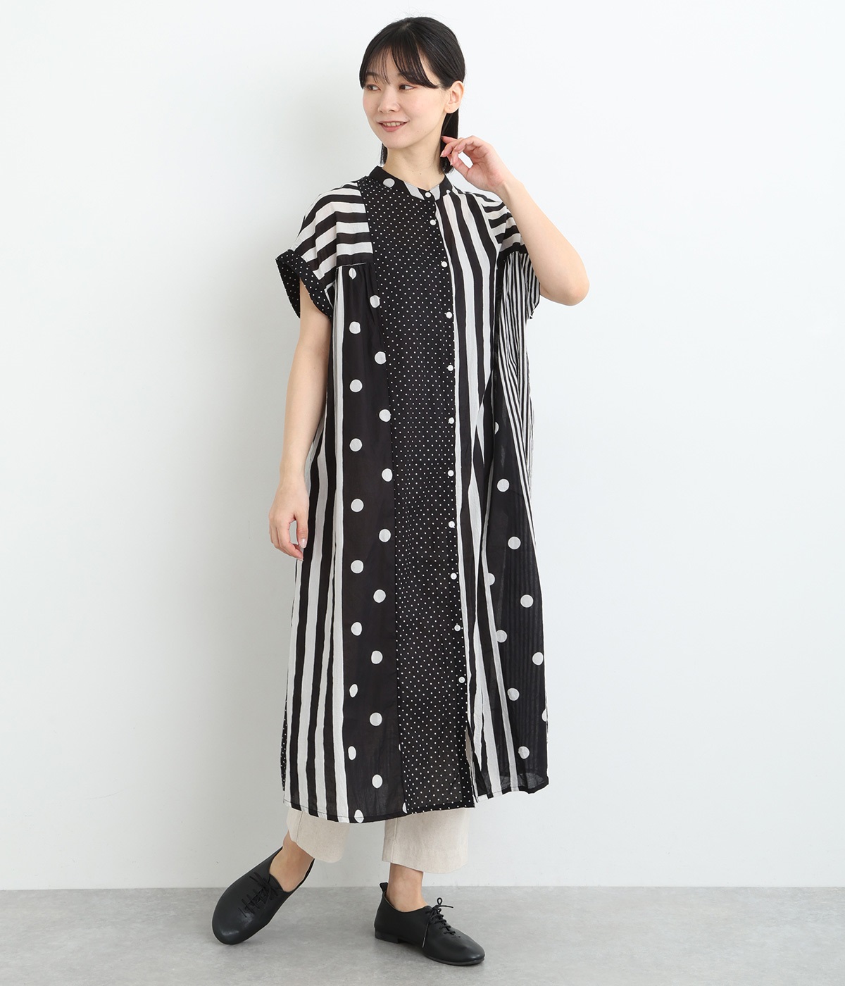 ボイルミックスドットプリントギャザーワンピース(ブラック-ONESIZE)