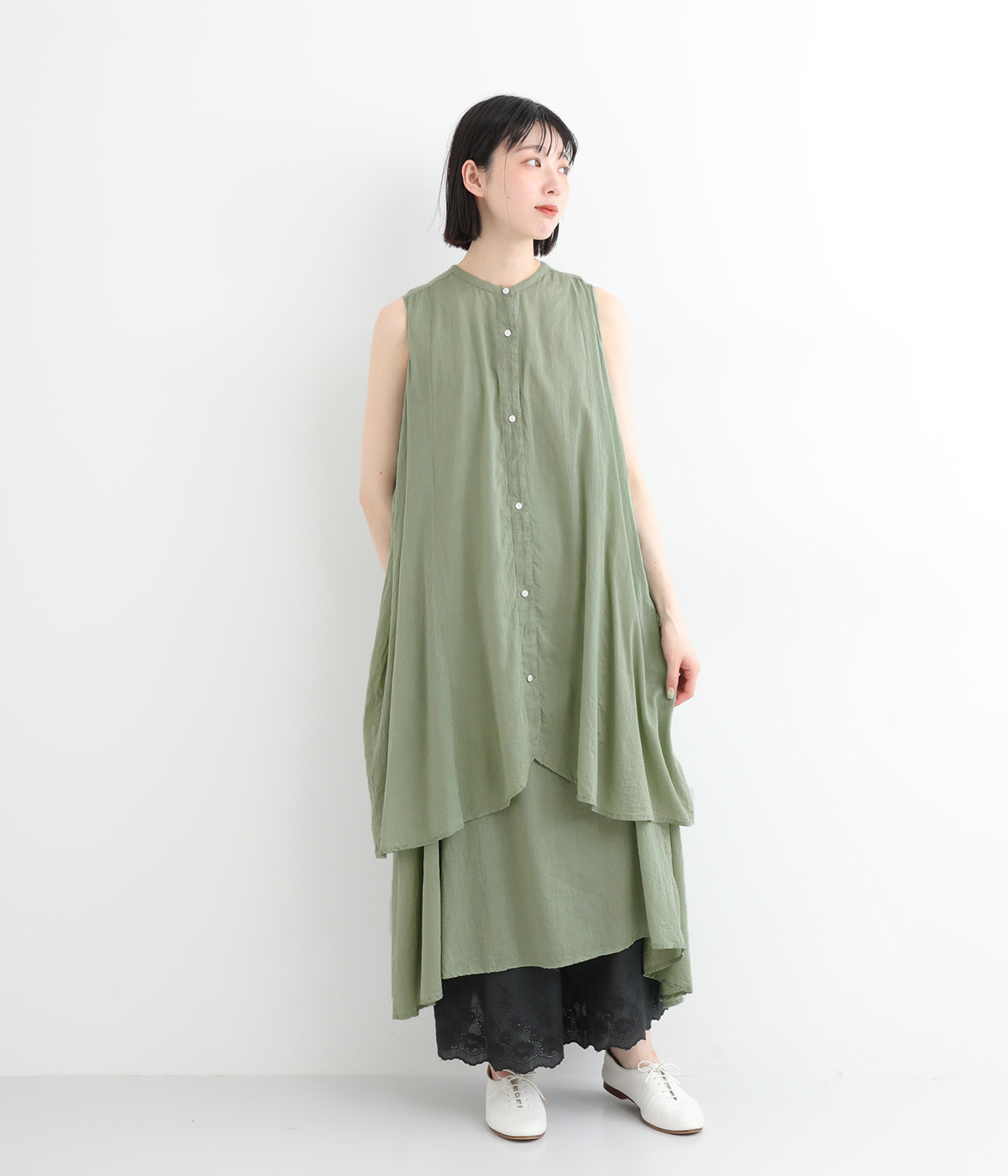 ボイル2枚重ねワンピース(カーキ-ONESIZE)
