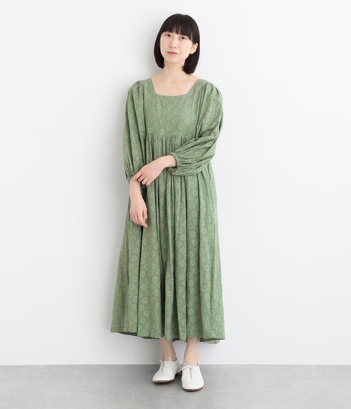コットン花柄ドビーバルーンスリーブワンピース(カーキ-ONESIZE)
