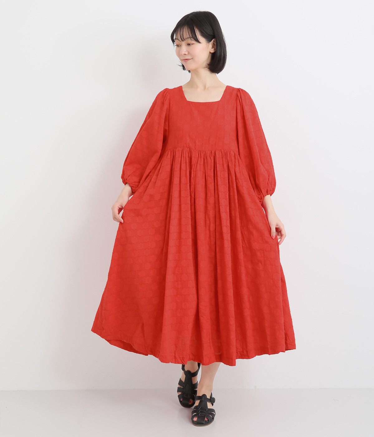 コットン花柄ドビーバルーンスリーブワンピース(レッド-ONESIZE)