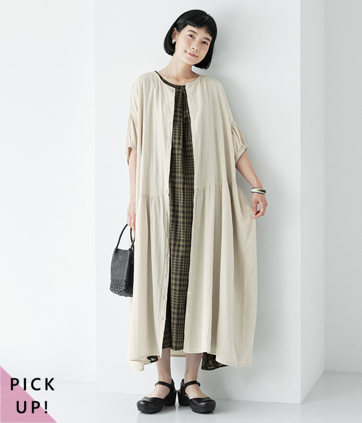 別注｜夏の涼しげワンピース2点セット(グレージュ×カーキチェック-ONESIZE)