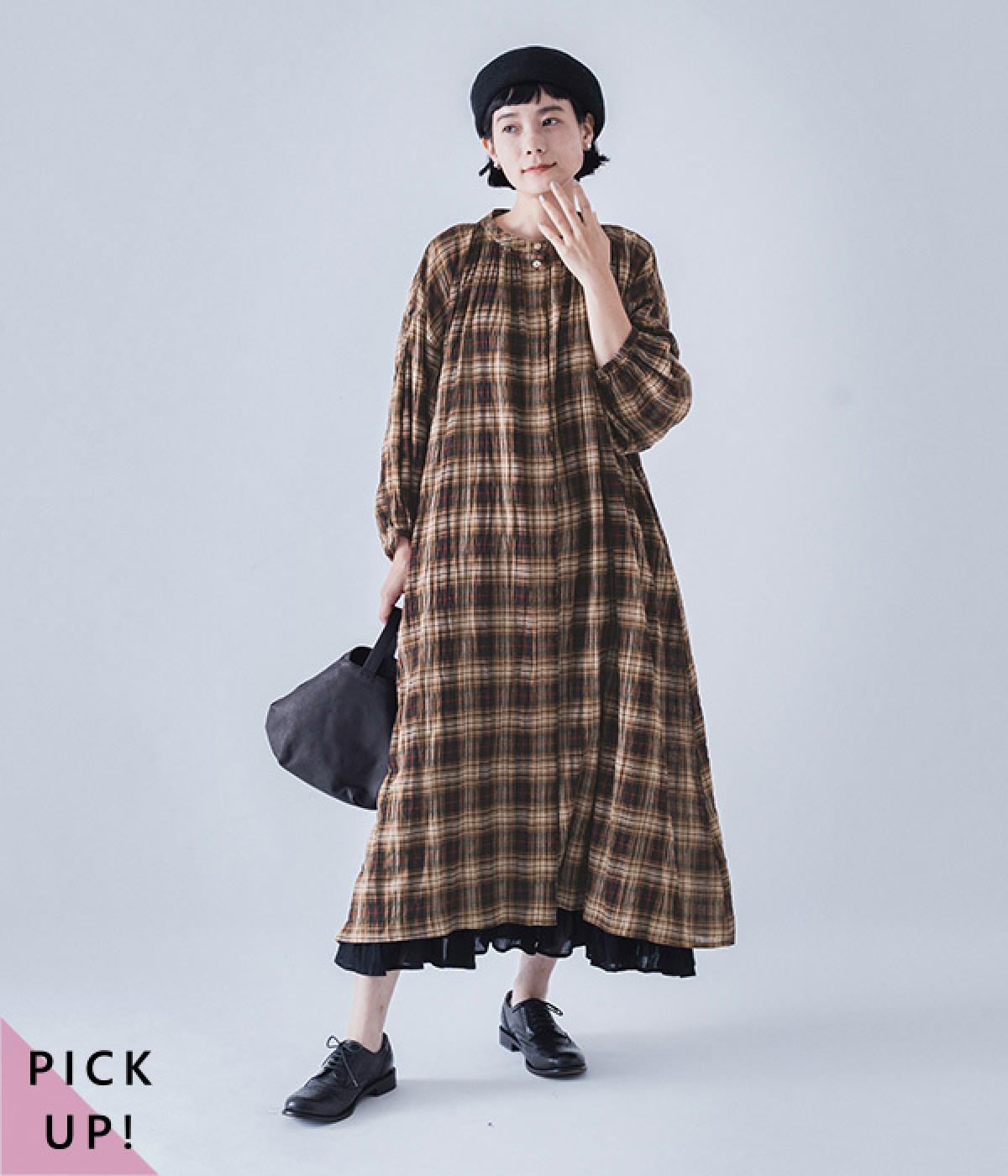 別注｜ワッフルチェック柄ボリュームスリーブワンピース(ブラウンチェック柄-ONESIZE)