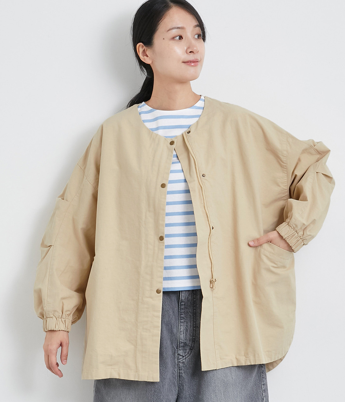 グログランバイオ加工ノーカラージャケット(ベージュ-ONESIZE)