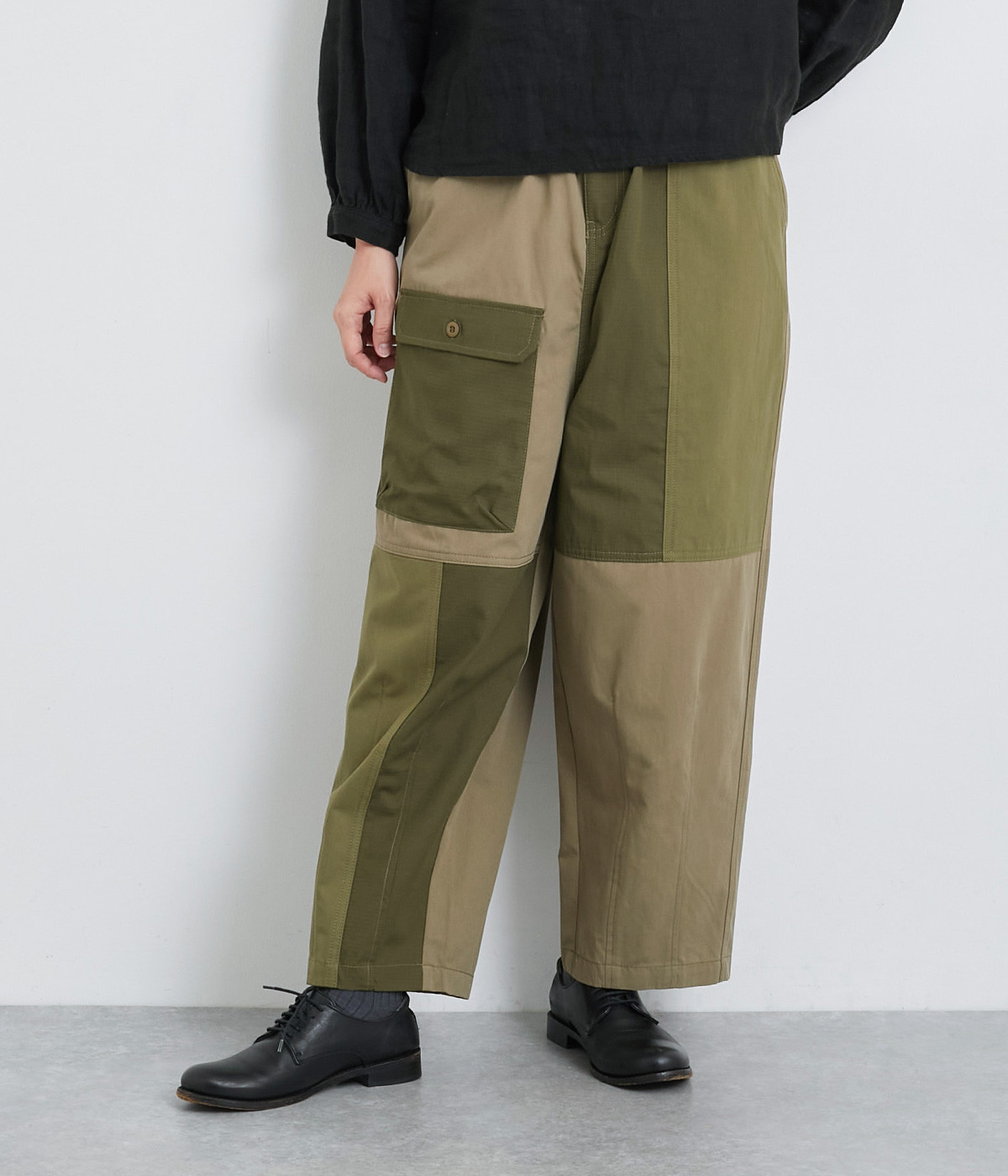 ツイルリップストップパッチワークパンツ(カーキ-ONESIZE)