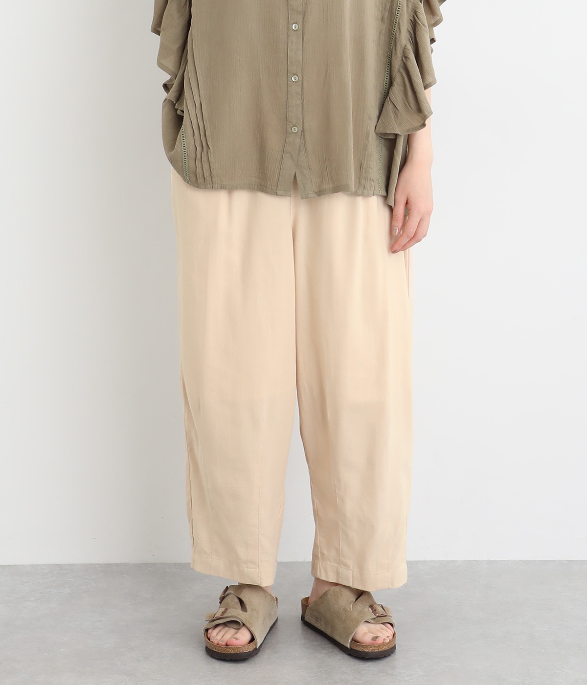 リネン混ストライプ バレルレッグパンツ(オフホワイトストライプ-ONESIZE)