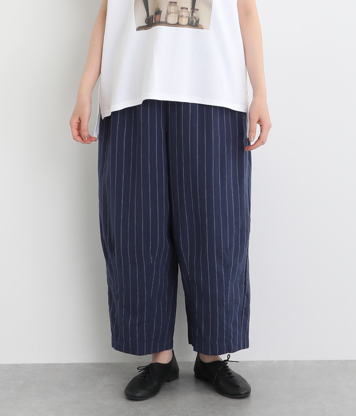 リネン混ストライプ バレルレッグパンツ(ネイビーストライプ-ONESIZE)