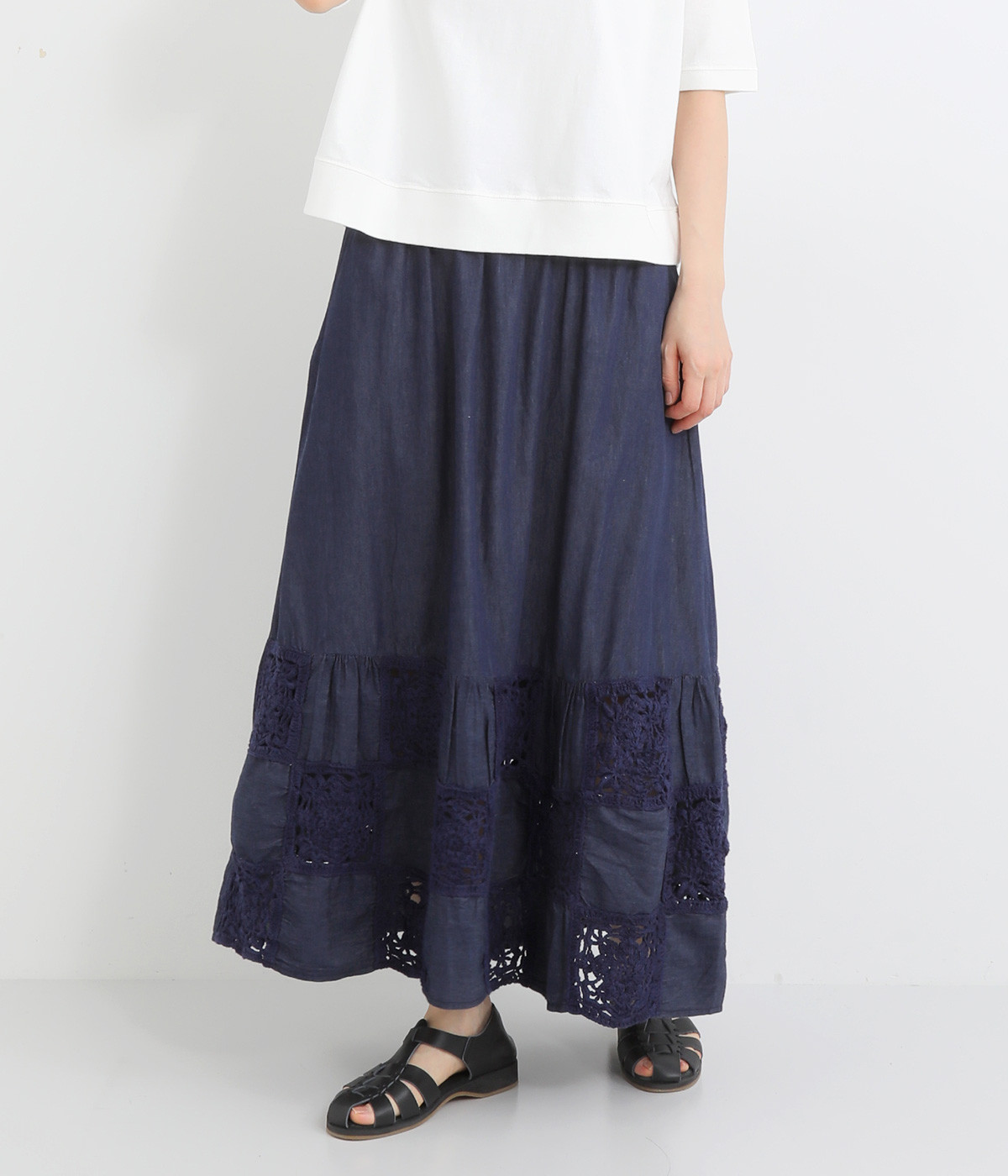 5.5ozデニムxカギ編みレース パッチワークスカート(ネイビーデニム-ONESIZE)