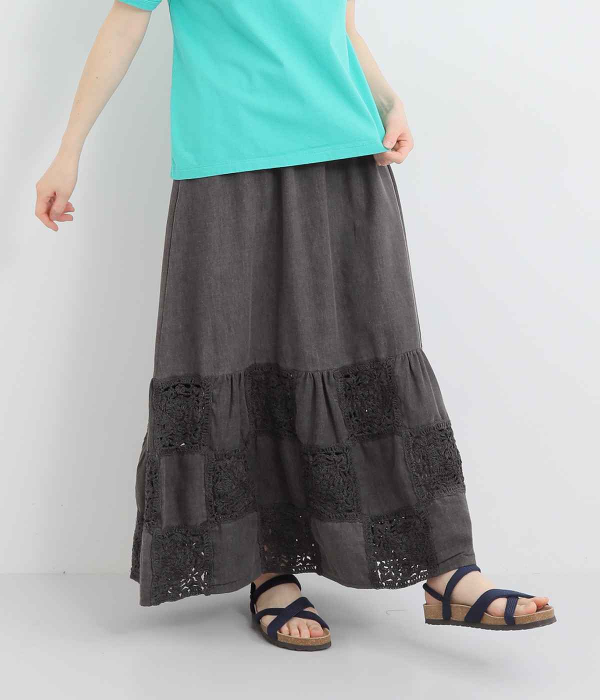 5.5ozデニムxカギ編みレース パッチワークスカート(ブラックデニム-ONESIZE)
