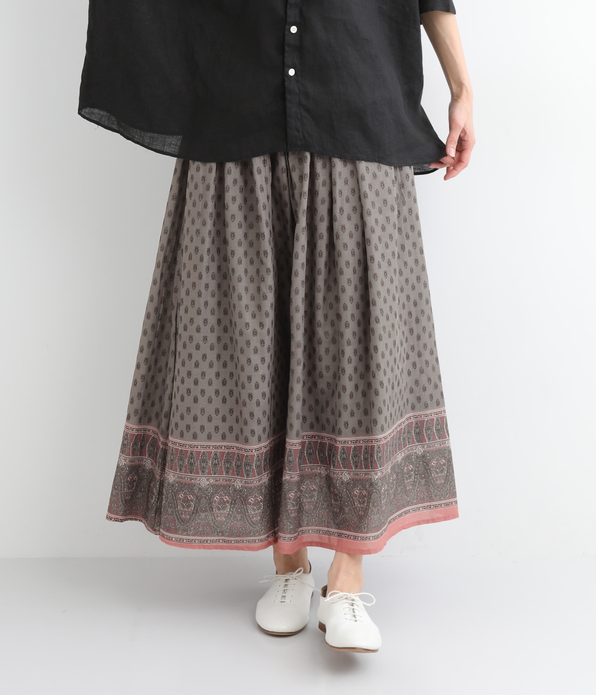 コットンボイルprint スカート(チャコール-ONESIZE)