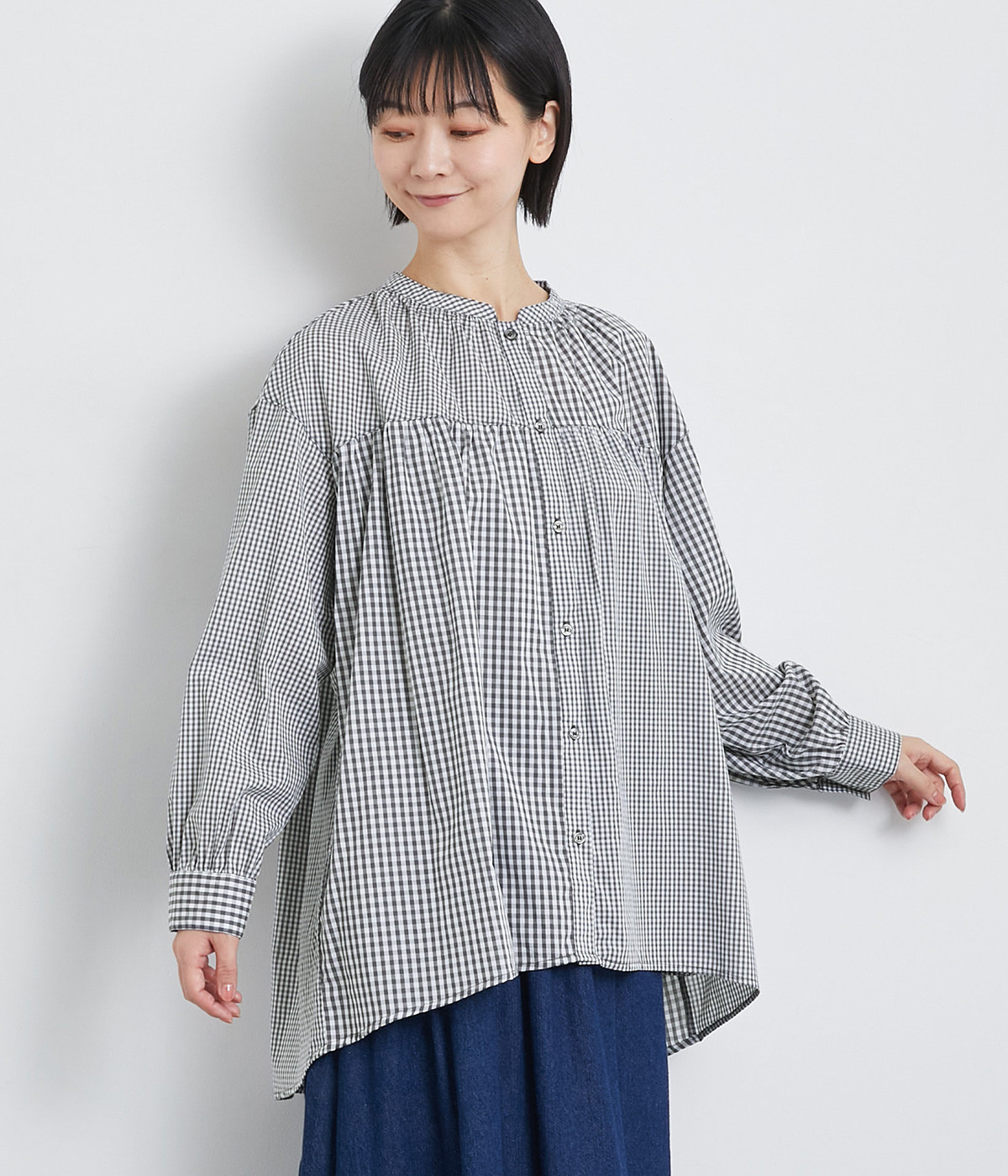 TCブロードギンガムボリュームスリーブブラウス(チャコールチェック-ONESIZE)