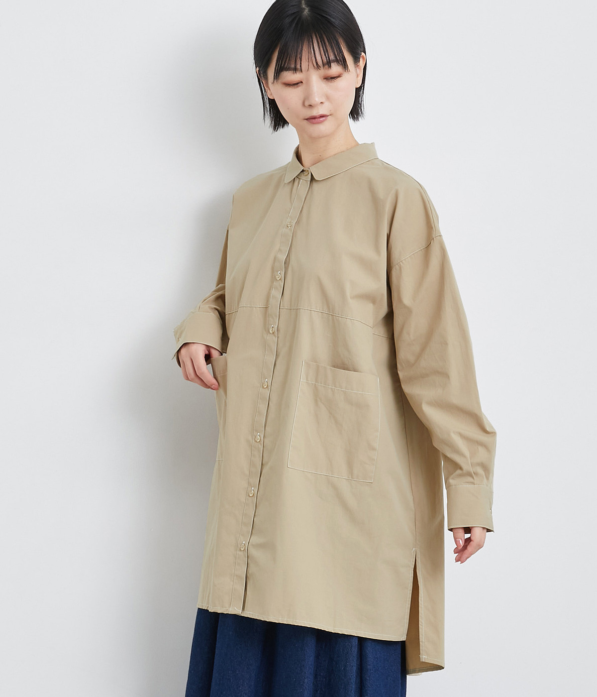TCブロード配色ステッチチュニック(ベージュ-ONESIZE)