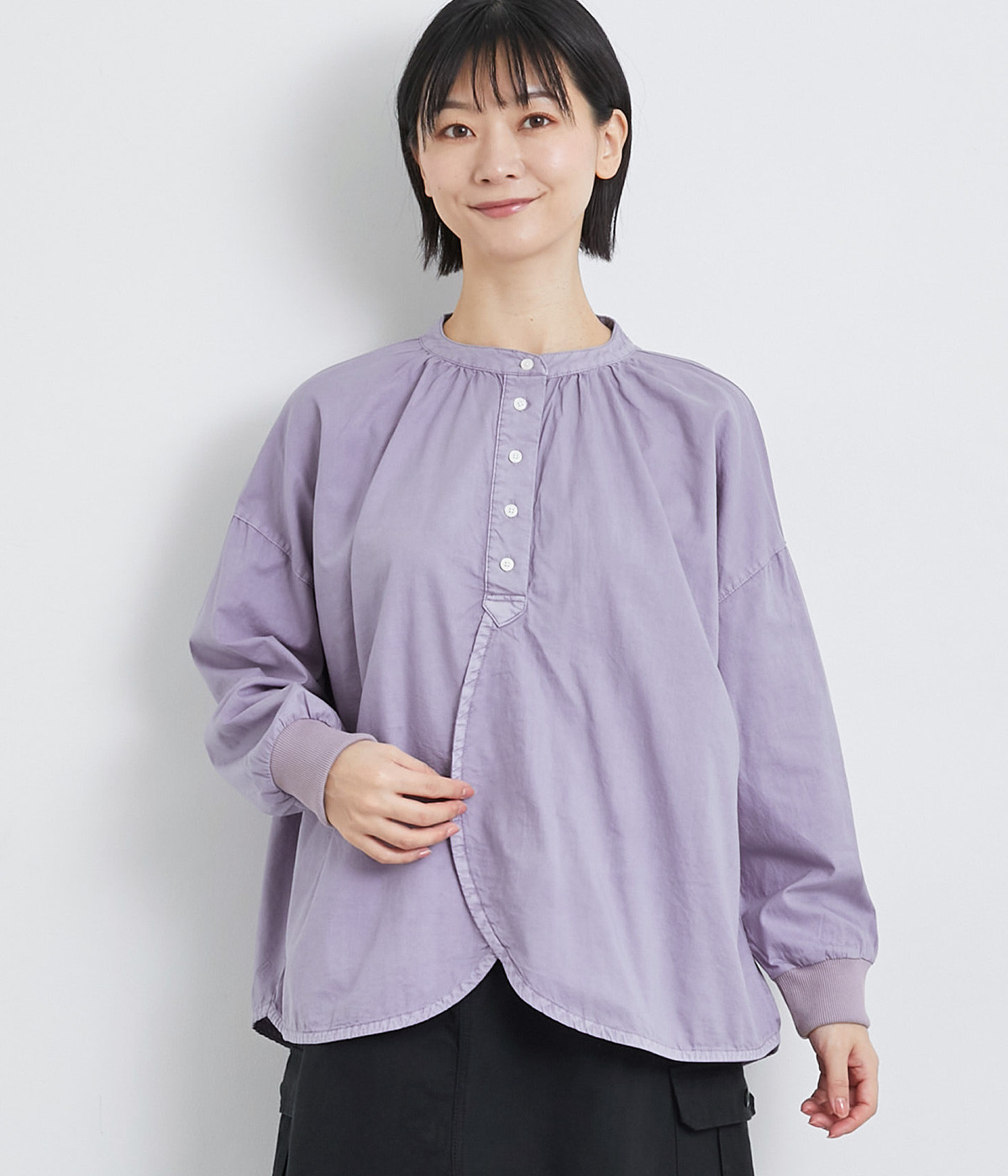 オックスピグメント加工ラウンド裾ブラウス(ライトパープル-ONESIZE)