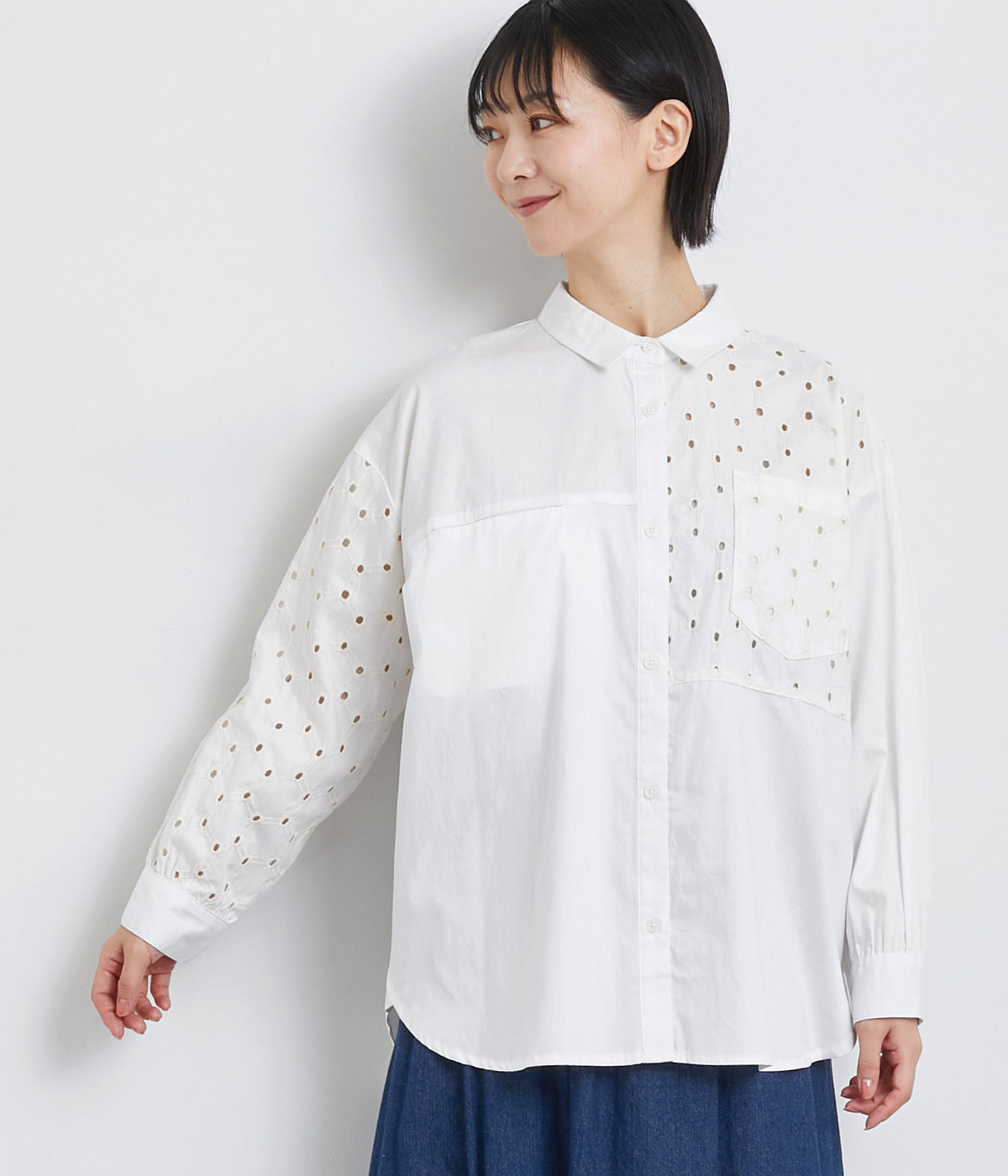 天竺サークル刺繍パッチワークシャツ(ホワイト-ONESIZE)