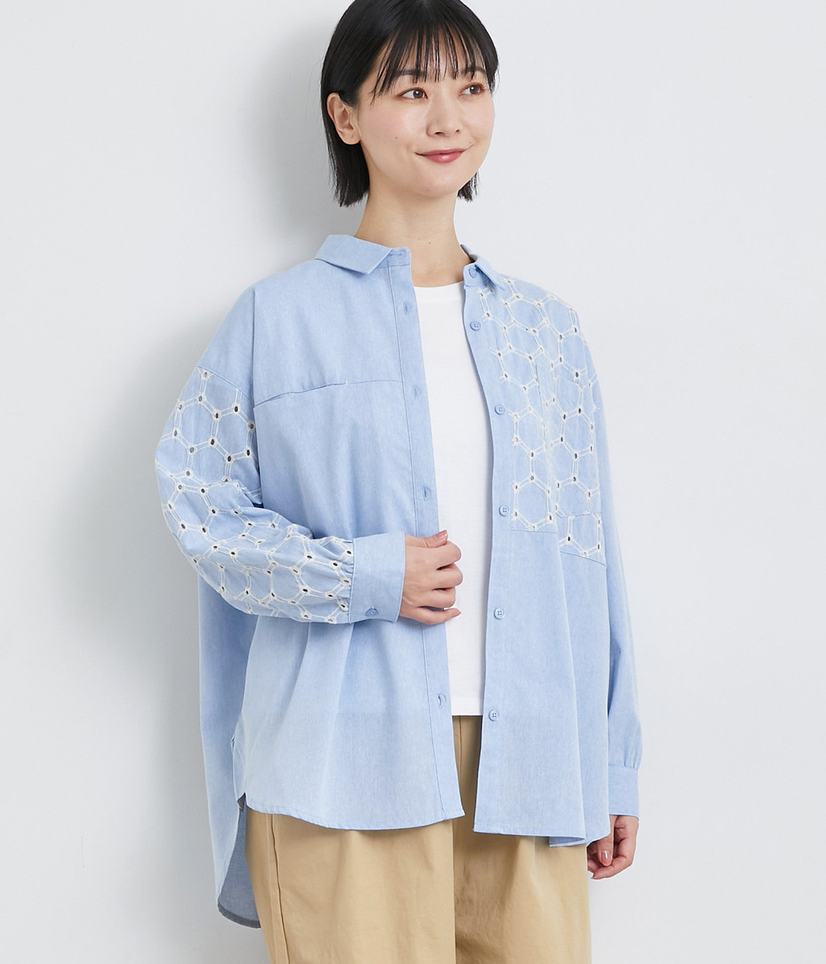 天竺サークル刺繍パッチワークシャツ(サックス-ONESIZE)