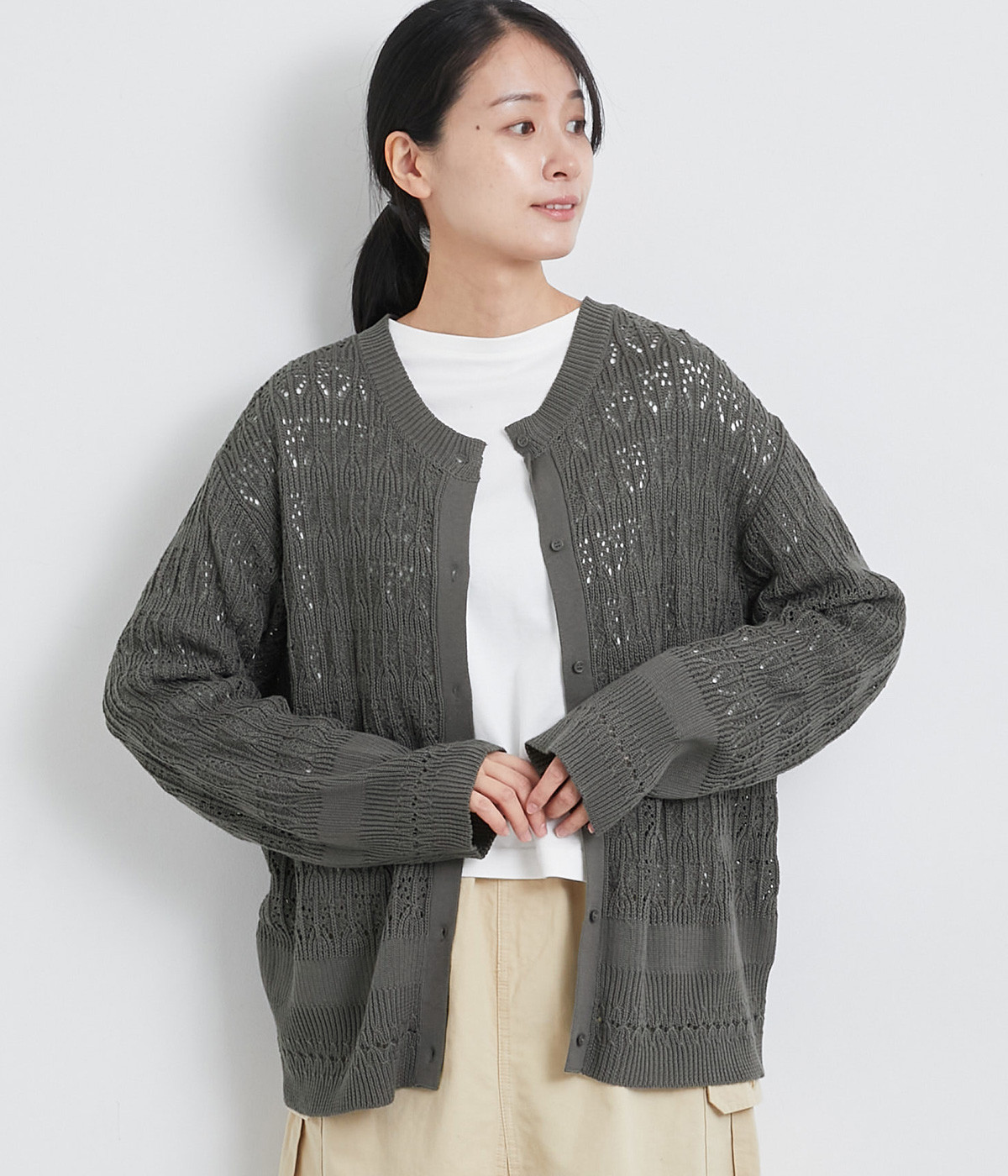 透かし編みニットクルーネック2wayカーディガン(チャコール-ONESIZE)