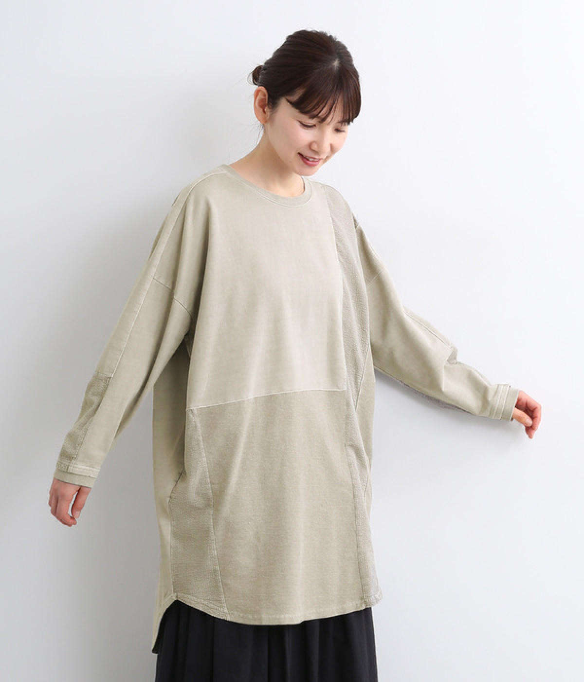 裏毛ピグメントバイオ加工パッチワークチュニック(グレージュ-ONESIZE)