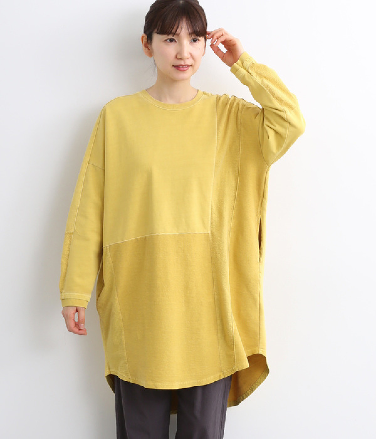 裏毛ピグメントバイオ加工パッチワークチュニック(ライトイエロー-ONESIZE)